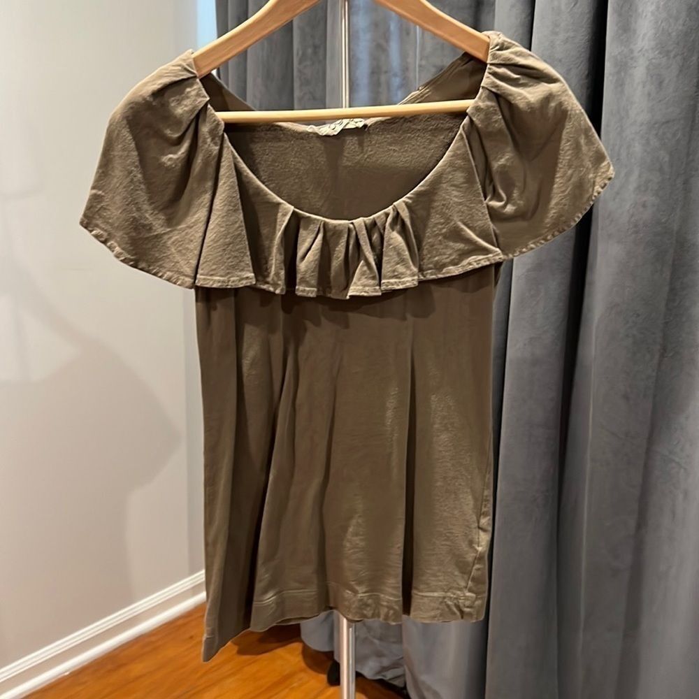Ogle (Anthropologie) army green ruffle neck and shoulders top.